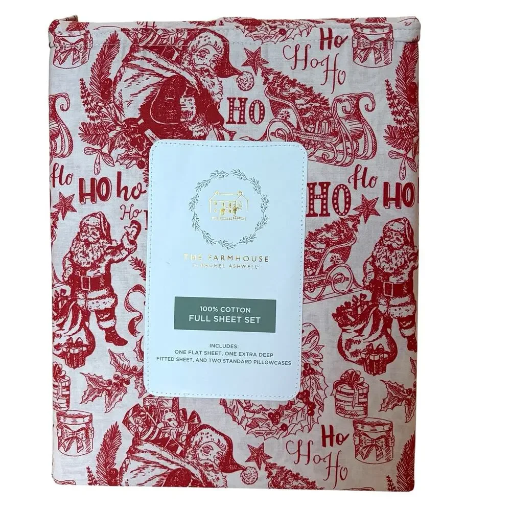 Farmhouse by Rachel Ashwell HO HO HO Santa FULL 4pc Sheet Set Cotton NEW